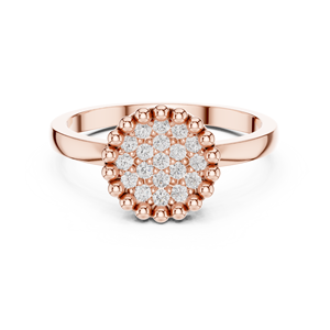 Anillo de compromiso con racimo de moissanita redonda y borde de cuentas en plata con acabado en oro rosa de 14K - Color D - Product Image 1