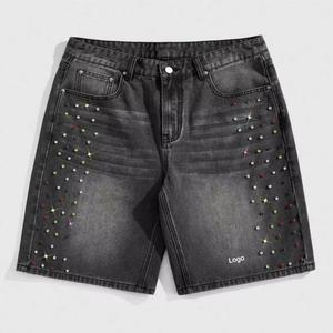 Shorts en jean unisexe de haute qualité, effet délavé, entièrement ornés de strass, sur mesure, pour hommes, été, style diamant. - Product Image 2