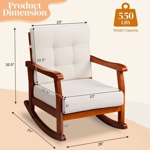 Sedia a dondolo da esterno in legno massello di abete con cuscini rimovibili e lavabili, sdraio da patio con schienale inclinato in legno massello di abete - Product Image 4