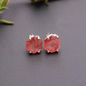 Boucles d'oreilles clous hexagonales en quartz fraise naturel, argent sterling 925, certifiées IGI, faites à la main, vintage, pierres précieuses, pour anniversaire et fête - Product Image 3