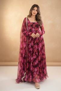 Conjunto de Kurta Premium Color Granate con Estampado Digital, Sin Parte Inferior Incluida, Tela Georgette, Largo hasta el Tobillo, Ropa India al por Mayor - Product Image 4