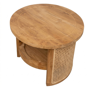 Lounge Area Teak Wood Round <b>Coffee</b> <b>Table</b> with Shelves Savana Rattan Combination Elegant Storage Design for Home Use - Product Image 1
