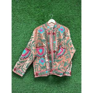 Luxury Bohemian Suzani Embroidery <b>Jacket</b> for <b>Women</b> Stand Collar Pink Floral Thread Work Handmade <b>Velvet</b> Designer <b>Jacket</b> - Product Image 2
