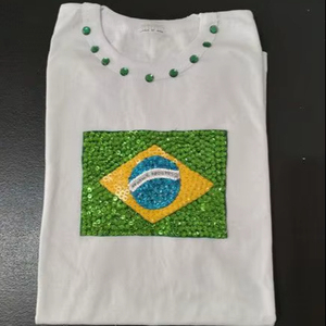custom Brazil Flag Sequin Embroidery White Cotton T Shirt For Women Short Sleeve Round Neck Summer Casual Apparel Handcrafted - Product Image 1