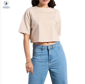 INDEX APPAREL Women's Beige Crop <b>Top</b> Crew Neck Short Sleeve Loose Fit Solid Color Casual Summer Wear - Product Image 1