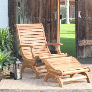 Chaise longue d'extérieur traditionnelle en teck avec repose-pieds, style Adirondack, pour patio, bord de piscine, resort - Product Image 1