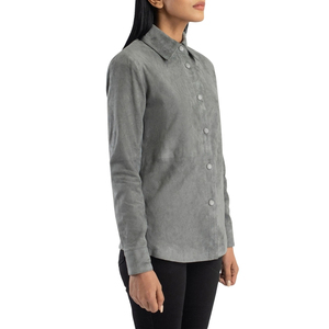 Women's Gray Suede Jacket Turn Down Collar <b>Button</b> Front Long Sleeve Solid Autumn <b>Coat</b> - Product Image 3