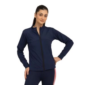 Women's <b>Navy</b> Blue Full Sleeve Zipper Bomber Jacket Stand Collar Solid Color Quick Dry <b>Knitted</b> Track Jacket Autumn Wear - Product Image 1