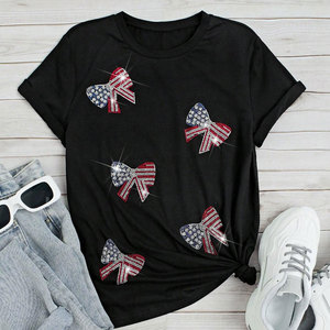 Women's Black Rhinestone Bow T-Shirt Crew Neck Short Sleeve Casual Jersey Fit Regular Size Patriotic <b>Pattern</b> Decorated - Product Image 3