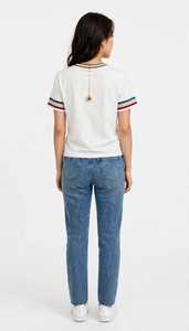 ONETEN APPAREL Women's <b>White</b> Striped Trim Crew Neck Short Sleeve <b>T</b>-<b>Shirt</b> Letter Print Casual Loose <b>Crop</b> Jersey Comfortable Top - Product Image 3