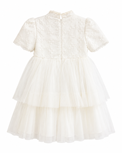 Vestido Formal de Niña con Mangas Abullonadas, Encaje Blanco Bordado, Perlas y Cuello en V, Estilo Mini para Primavera - Product Image 2