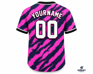 Maillot de baseball personnalisé Sinewy rose et bleu marine rayé, sublimé, unisexe, adulte, manches courtes, séchage rapide, boutons sur le devant - Product Image 3