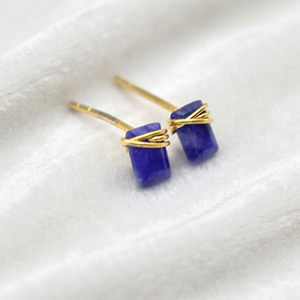 Ratnarachit Handmade Wire Wrapped <b>Blue</b> Sapphire <b>Stud</b> <b>Earrings</b> 14K Gold Plated Brass Baguette Cut Minimalist Women's Gift - Product Image 3