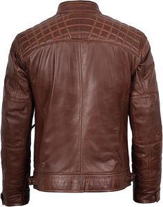 Chaqueta de Motociclista de Cuero Genuino para Hombre, Cierre de Botones, Color Marrón Sólido, Largo Regular - Product Image 4
