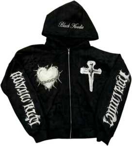 Black Cropped Zip Up Hoodie Men's Oversized Cotton Blend <b>Sweatshirt</b> Embroidered Patch Washed Streetwear - Product Image 1