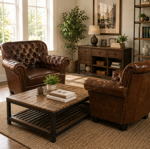 Fauteuil antique en cuir véritable avec structure en bois massif, design classique, rembourrage capitonné, assise confortable pour salon - Product Image 2