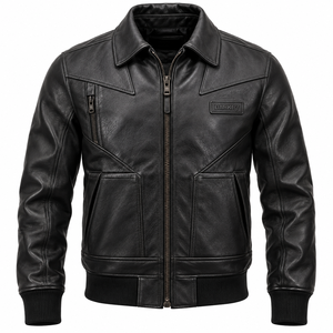 Chaqueta de Cuero Genuino de Vaca Negra para Hombre, Forro Acolchado, Cierre de Cremallera, Ribete Acanalado, Estilo Aviador Urbano, Fabricante Personalizado - Product Image 1