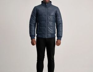 Blouson d'hiver en cuir matelassé pour homme, col montant, fermeture éclair, coupe-vent écologique, décontracté, couleur unie, coupe ajustée - Product Image 1