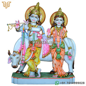 Marble Radha Krishna with Cow Statue | Radha Krishna Marble Murti | Hand Painted White Marble Krishna Radha Idol | MALIYAS Jaipu - Product Image 3