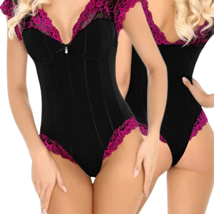 Women's Black Velvet Bodysuit With Purple Lace Trim Ruffle Sleeve Sexy Shapewear Body Shaper One Piece Lingerie - Product Image 6