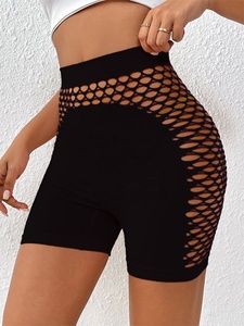 Shorts tricotés orange taille haute pour femme avec design ajouré, coupe sportive, style skinny, taille élastique respirante - Product Image 3