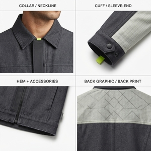 Veste en denim japonais en coton biologique pour homme avec empiècements en toile de voile recyclée, articulation pour une mobilité accrue, délavage à la pierre - Product Image 4