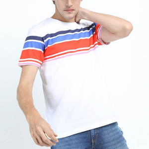 T-shirt tendance pour homme à rayures colorées |   T-shirt à manches courtes en mélange de coton de qualité supérieure |   Vêtements de rue décontractés urbains |   Logo graphique personnalisé - Product Image 1
