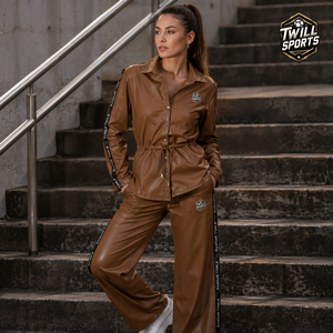 Twill Sports Women's Brown PU Leather Tracksuit Full Sleeve Button Up Collar Drawstring Waist Women's Leather Tracksuit Set - Product Image 4