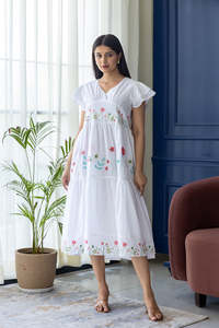 White Floral Embroidered Cotton Midi <b>Dress</b> V-Neck <b>Ruffle</b> Sleeve A-Line Loose Fit Casual Summer Wear - Product Image 2