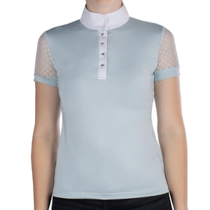 เสื้อเชิ้ตขี่ม้าแขนสั้นสีฟ้าอ่อนสำหรับผู้หญิง OEM พร้อมแขนตาข่ายและกระดุมปิด - Product Image 1