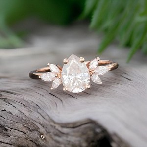 Pear Shaped Moissanite Engagement Ring Vintage Unique Marquise Cut Cluster Rose <b>Gold</b> Bridal Ring - Product Image 5