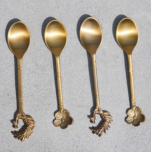 Brass Dessert <b>Spoon</b> Flower Design Handle Short Elegant Leaf Design <b>Gold</b> Plated Brass <b>Spoon</b> - Product Image 1