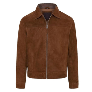 Veste en cuir suédé marron pour homme, col rabattu, fermeture éclair, vêtement d'extérieur décontracté pour l'automne, coupe classique, couleur unie - Product Image 1