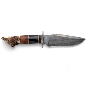Herramienta de preparación de acero damasco grabado con ácido y patrón contrastante, con perfil de punta de cuchillo y mango de madera oscura y cuerno Antler Crown. - Product Image 5