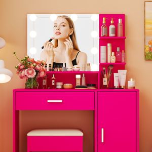 Set Toeletta Europea Rosa in MDF con 1 Cassetto e 1 Anta in Vetro, Tavolo da Trucco per Camera da Letto con Lampadina a Tre Colori, Impiallacciatura in Melamina per Comò - Product Image 3