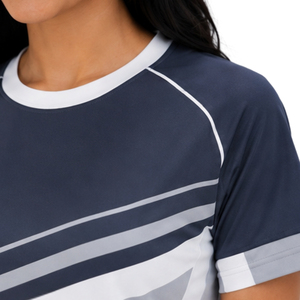 Camiseta Deportiva Personalizada para Mujer, de Secado Rápido, Transpirable, de Poliéster, para Gimnasio, Running, Entrenamiento, con Rayas Raglán, Fabricante OEM - Product Image 6