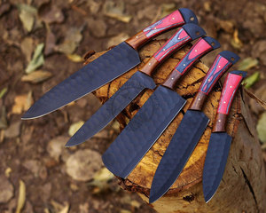 Nouvel article : Ensemble de 5 couteaux de chef de luxe ambidextres, faits main, en acier J2, avec lame martelée et revêtement en poudre - Product Image 3