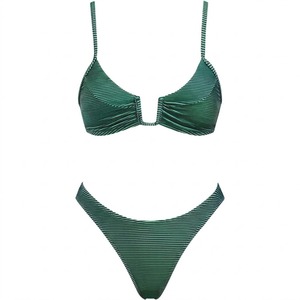 Conjunto de Bikini Verde a Rayas para Mujer, Top Triangular con Escote Pronunciado, Braguita Tipo Tanga, Traje de Baño de Spandex y Nailon - Product Image 1