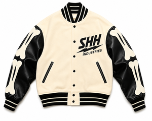 Unisex Cream Black Varsity Jacket Faux Leather Sleeves Bone Applique Snap <b>Button</b> Streetwear Bomber Custom Logo College Style - Product Image 1