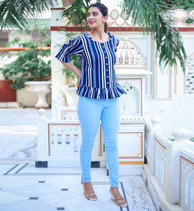 Blusa Formal para Mujer con Estampado de Rayas y Volantes, Color Azul, Elegante, Ligera, Cómoda, a la Moda, Femenina, Conjunto de Una Pieza - Product Image 2