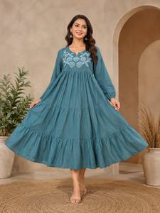 Brown Cotton Embroidered V Neck Loose Fit Midi Abaya Long Sleeve Modest Tiered <b>Ruffle</b> Muslim Women <b>Dress</b> for Prayer Eid Evening - Product Image 6
