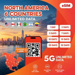 Tarjeta SIM electrónica de viaje para 6 países de América del Norte con datos ilimitados 4G/5G para internet móvil durante 1/3/5/7/10/15/20/30 días - Product Image 1