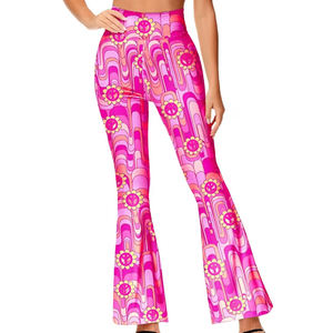 Pink Flare <b>Pants</b> High Waist Elastic Waist Printed Pattern Casual <b>Summer</b> Style Breathable Lightweight Knitted Fabric <b>Pants</b> - Product Image 5
