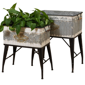 Jardinière Moderne Scandinave en Fer Galvanisé pour Intérieur et Extérieur avec Support en Bois d'Acacia – Pot de Fleurs Gris Élégant pour Décoration de Jardin - Product Image 2