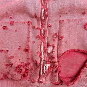 Sweat à capuche lourd 450G personnalisé OEM pour homme, style streetwear, effet déchiré, délavé soleil, look vintage, fermeture éclair, double perforations, effet bouffant et délavé - Product Image 3