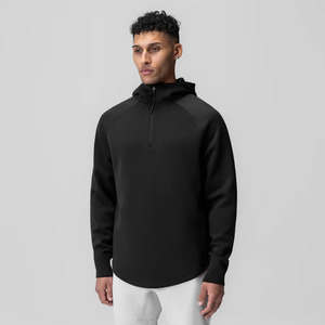 Sweat-shirt à capuche noir uni pour homme, col zippé, en polyester tricoté, coupe classique, respirant, idéal pour l'automne - Product Image 2