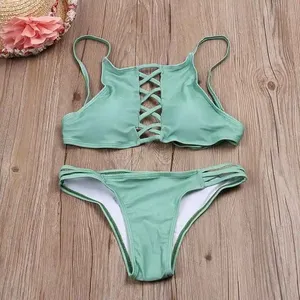 Women's Pink Bikini Set <b>Crossed</b> Halter Lace Up <b>Top</b> Thong Bottoms Solid Color Stretch Swimwear Two Piece - Product Image 2