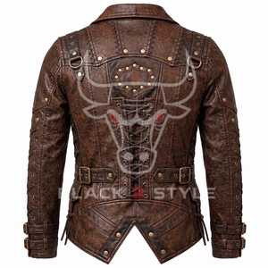 Veste d'hiver pour homme en cuir véritable, motif tête de mort en relief, fermeture éclair, col montant, capuche, style motard gothique - Product Image 2