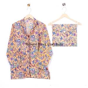 ชุดนอนผู้หญิงลายดอกไม้สไตล์อินเดีย ผ้าฝ้าย 100% แขนยาว พร้อมกางเกงขายาว ชุดนอนฤดูร้อน เสื้อและกางเกงขายาว ชุดสองชิ้น - Product Image 2