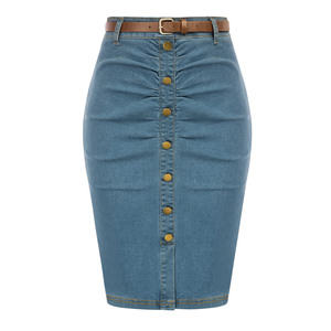Jupe en jean délavée taille haute pour femme, collection automne 2026, avec ceinture triangulaire et fente avant, style décontracté et sexy - Product Image 1